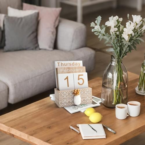 Notakia Vintage Wood Block Perpetual Calendar Month Week Date Display for Home Office Desk Rustic Decoration, Brown pineapple - color: Brown pineapple