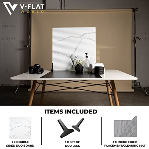 V-FLAT WORLD Duo Board Product Photography Backdrops - 2-Sided Background for Photograph, Item & Food Photography Background - Includes 2 Legs & Board Mat - 24" x 24", Carrara Blue/Calacatta Gold - color: Carrara Blue/Calacatta Gold, size: 24 x 24 inches