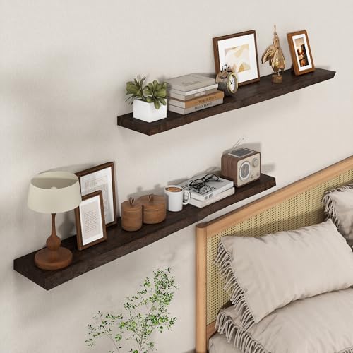 Axeman 48 inch Floating Shelves for Wall - 8'' D Live Edge Rustic Solid Elm Wood Floating Shelves Wall Mounted, Hanging Shelves with Invisible Bracket for Living Room Bedroom Kitchen, Walnut - color: Walnut With Live Edge, size: 48 inches - 1P