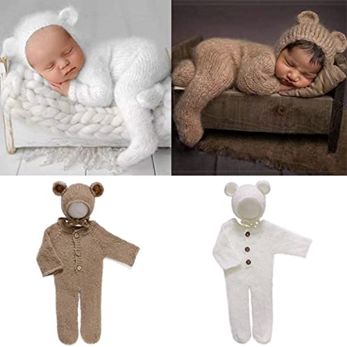 2Pcs Newborn Photography Props Boy Photo Posing Outfits Baby Photoshoots Girl Crochet Bear Hat Romper - color: Khaki