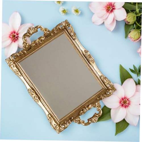 Vintage Carved Mirror Tray Gold Resin Decorative Makeup Organizer for Wedding Dessert Table and Room Storage
