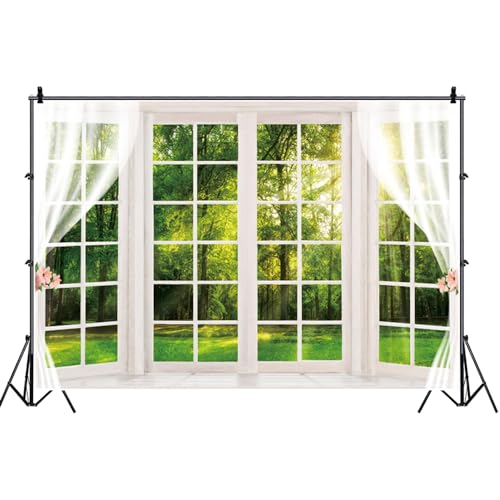 6x4ft Spring Window Scenery Backdrop White Windowsill Green Forest Trees Grassland Sunshine Natural Photography Background for Newborn Baby Kids Family Portrait Photo Shoot Prop Wallpaper - size: 6x4ft