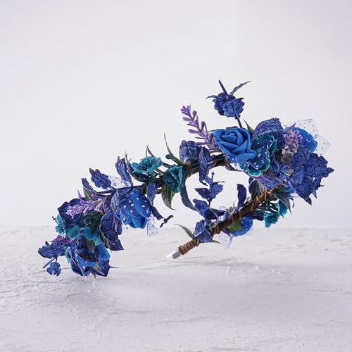 Blue Flower Crown Headband - Fairy Floral Headpiece Rose Floral Accessories with Lace for Women Girls Birthday Wedding Party Photo Props Hairband - color: Blue