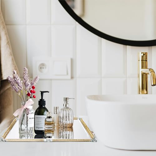 Large Gold and Glass Tray, 15.7" x 11.8" Crushed Diamond Mirror Perfume Makeup Display Tray, Noble Jewelry Trinket Cosmetics Crystal Makeup Organizer for Home Decor,Banquet Party (Golden) - color: Golden a