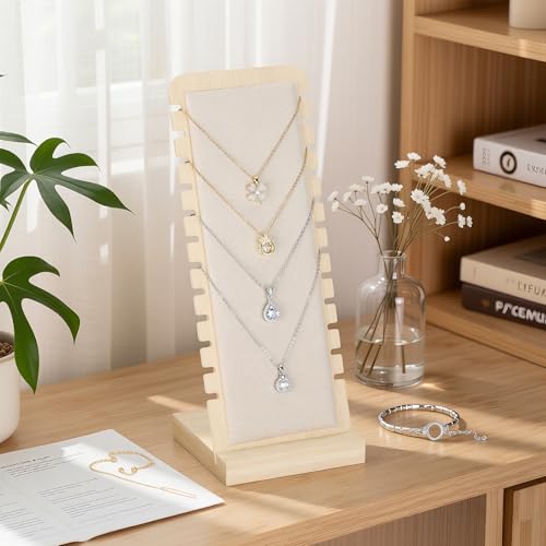 KUKUVR Necklace Display Stand, Bamboo Velvet Soft Mat Multiple Necklace Bracelets Pendant Chains Organizer Holder Case for Vendors Home (Beige) - color: Beige