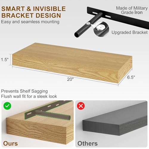 Fun Memories Floating Shelves for Wall, 20Inch Floating Shelves Set of 2, Hanging Shelf with Invisible Brackets, Wood Shelves for Living Room, Bedroom, Kitchen, Oak - color: Oak, size: 20"W x 6.5"D