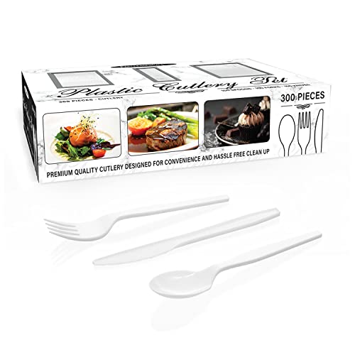 Party Essentials Medium Weight Plastic Cutlery Combo Set, Includes Knives/Forks/Spoons, 300 Pieces/100 Place Settings, White - color: White