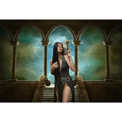 12x8ft Wedding 3D Render Backdrops Fantasy Starry Sky from Ancient Arches Background Mediaeval Gallery Temple Castle Marble Stone Column Staircase Photo Props - size: 12x8ft