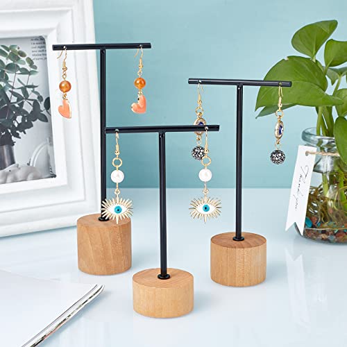 FINGERINSPIRE Black Metal 3 Pcs T Bar Earring Display Stand with Wooden Base Jewelry Holders Hanging Jewelry Organizer for Store Retail Photography Props【Black- Round Base, 5.7&4.9&3.9 Inch Height】 - color: Black- Round Base, 5.7&4.9&3.9 Inch Height