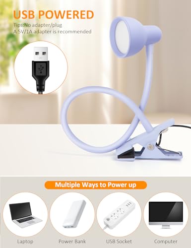 LiFMIRA Clip on Lamp USB Reading Light, 3 Color Modes, 10 Brightness Dimmable, Flexible Gooseneck Desk Lamp with Clamp, Eye Care Clip on Light for Bed Headboard Desk Home Dorm - color: Lilac Purple