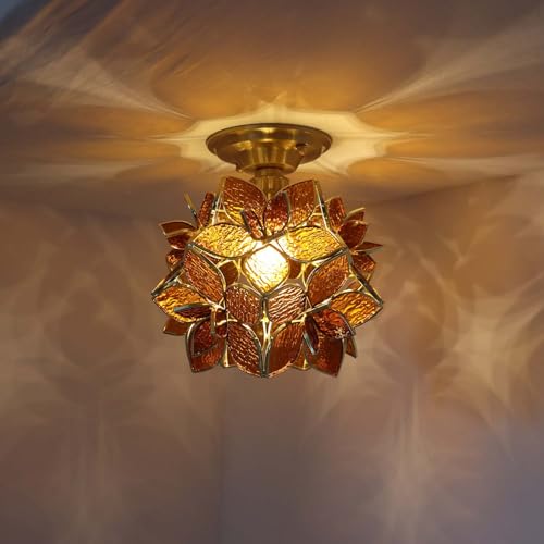 Bieye L11010 Flower Petals Tiffany Style Stained Glass Close to Ceiling Light for Home Decor (Textured Amber, 8" Rose Lily) - color: Textured Amber, size: 8" Rose Lily