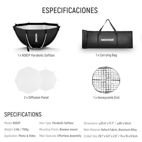NEEWER 35.4'' Octagonal Softbox, Quick Release Parabolic Soft Box with Bowens Mount, Diffusers, Grid, Bag Compatible with Aputure 120d Compatible with Godox SL60w NEEWER Q4 AS600B CB300B Q300, NS92P - style: 35.4"/90cm Octagonal