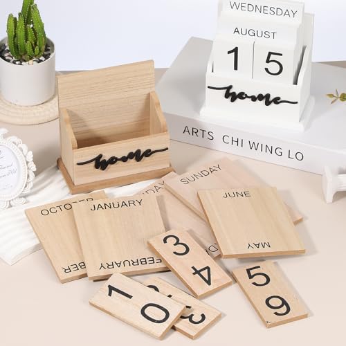 uxcell Wooden Desk Calendar, Wood Block Perpetual Calendar Vintage with 9 Blocks Reusable Month Date Display for Desk Office Home Desktop Decoration, Natural