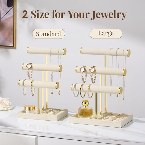 3 Tier Bracelet Holder Display - Detachable T Bar Beige Velvet Bracelet Holder, Jewelry Holder Organizer for Bracelet, Necklace, Earrings, Rings - color: Beige, size: Large