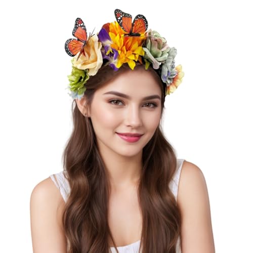 Elegant Butterfly Flower Headband for Women Boho Handmade Rose Floral Crown Wedding Bridal Festivals Cosplay Prom Photo Props Headpiece (C2 yellow, Adjustable) - color: C2 yellow