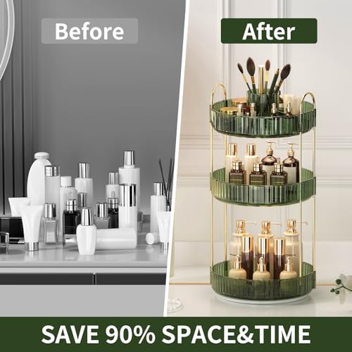 360° Rotating Makeup Organizer, Large-Capacity Skincare Make Up Storage 3 Tier Perfume Organizers Cosmetic Dresser Organizer with Makeup Brush Holder, Fits Bedroom, Bathroom, Vanity Shelf Countertop - color: Gem Green, size: 3 Tier