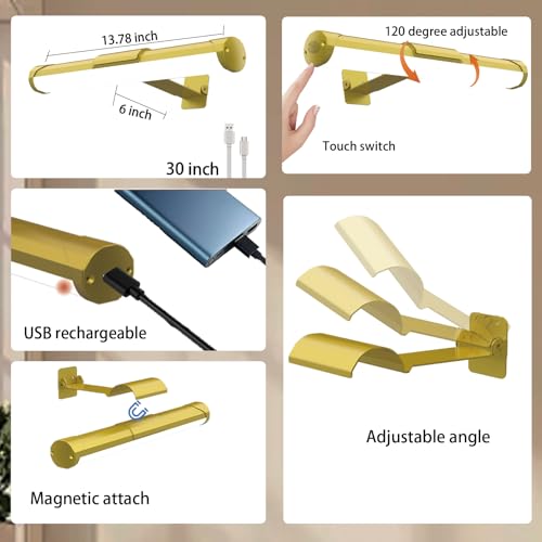 MIOBLUE Picture Light with Remote and Timer, 13.8in Rechargeable Picture Light with 3 Color Modes, Dimmable Cordless Painting Light for Wall Display, Gallery Artwork, Portraits, Dartboards - color: Gold, size: 13.8inch