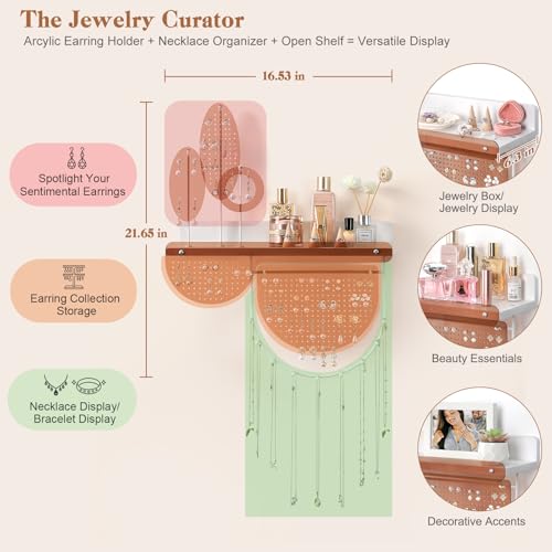 Keebofly Leaf-Shaped Wall Mounted Jewelry Organizer - Acrylic Earring Organizer with Shelf for 444 Earrings, Sturdy Jewelry Tower for Earring, Necklace, Bracelet, Gifts for Women & Girls - color: White-Amber Acrylic
