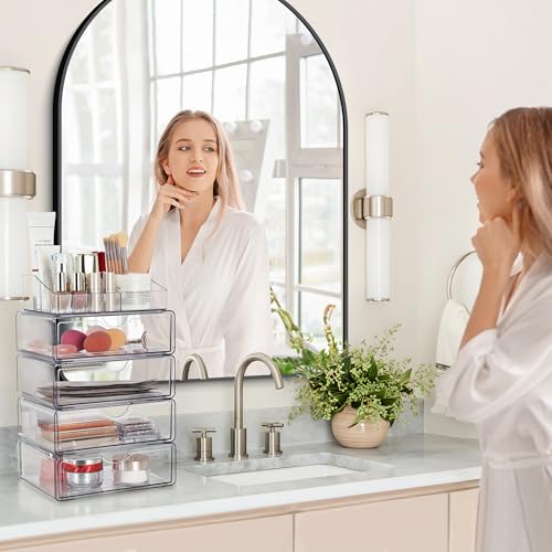 Vtopmart 5 Tier Clear Makeup Organizer with Drawer, Cosmetic Storage for Dresser Countertop and Bathroom Vanity, Beauty Holder for Lipstick Brush Skincare - style: 5 Tier