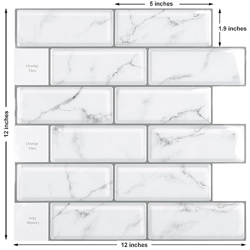 WESTICK Peel and Stick Backsplash Tile 10 Sheets Peel and Stick Subway Backsplash Grey Marble Back Splash Sticky Tiles Oil-Proof Tile Stickers Waterproof Wall Tiles for Kitchen Bathroom DIY 12”x12” - color: 2.Marble white