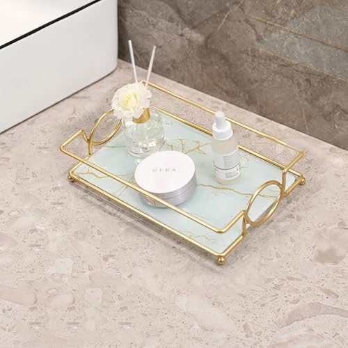 Vanity Bathroom Counter Tray Gold Glass Perfume Organizer Holder Cosmetics Makeup Skincare Display Decorative Vanity Trays Storage Rack for Bathroom Dresser Bedroom (1 Tier Platinum-Small) - color: Platinum-small