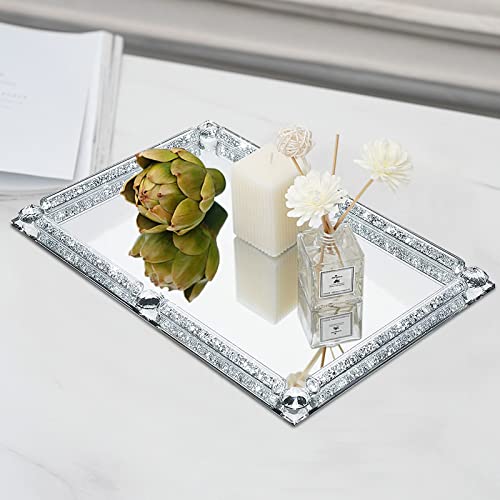Crystal Glass Tray, Modern Mirror Jewelry Dresser Trinket Trays with Crushed Diamond, 11.8" x 7.9"Rectangular Makeup Perfume Tray for Bathroom Bedroom, Home Decor, Hotel Banquet, Party(Silver) - color: Silver