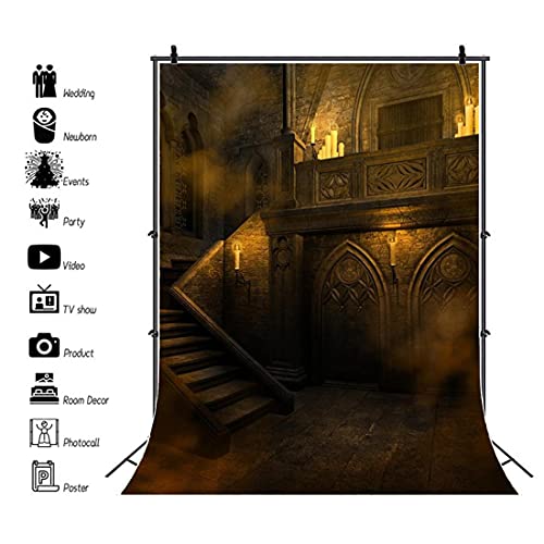 AOFOTO 8x10ft Gloomy Gothic Medieval Vintage Room Backdrop Scary Halloween Night Photography Background Vampire Ghost Party Decorations Haunted House Interior Stone Wall Stairway Photo Studio Props - color: HSH-A7, size: 8x10ft