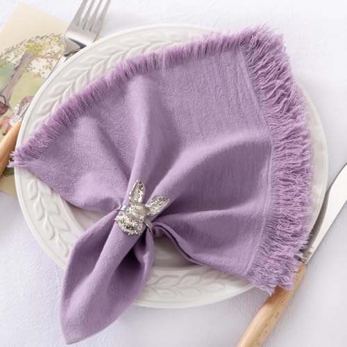DeZerlor 6 Pack Purple Cotton Linen Napkins with Fringe Summer Cloth Napkins Set of 6 Boho Handmade Dinner Napkins Bulk for Wedding Bridal Baby Shower Parties, 17 x 17 Inches - color: Purple, size: 17" x 17" (Set of 6)