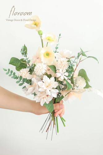 Floroom Artificial Greenery Stems Box Set, 22pcs with 8 Kinds of Faux Greenery Flowers Picks for DIY Bridal Bouquets Wedding Floral Arrangement Table Centerpieces, Green & Cream - color: Green & Cream
