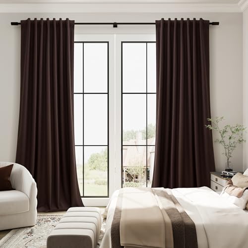 Guken Coffee Linen 100% Blackout Curtains for Bedroom 96 Inches Long Elegant Textured Black Out Light Blocking Thermal Insulated Soundproof Back Tab Hook Belt Living Room Backdrop 2 Panels Set 52x96 - color: Coffee, size: 52"W x 96"L (Pack of 2)