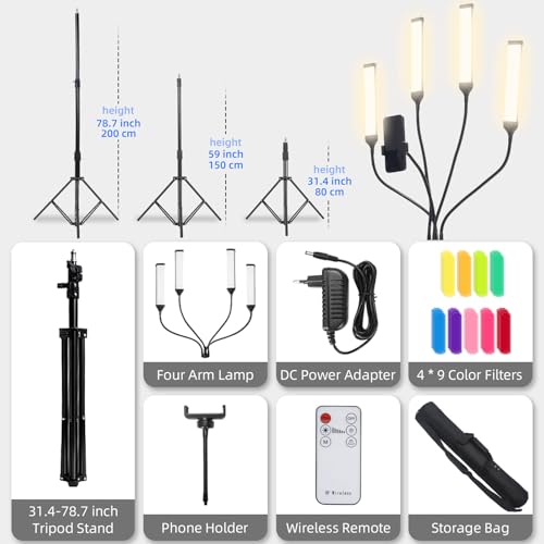 LED Video Light Kit with Four-arms, Studio Light for Video Recording Photography Lighting Kit, Dimmable LED Floor Light for Lash Techs, Estheticians & Tattoo Artists with Tripod Stand&Photography Bag