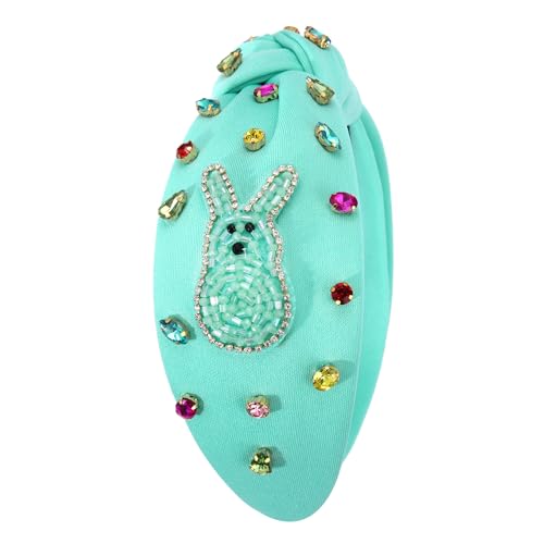 NVENF Easter Headband for Women Beaded Easter Rabbit Bunny Headband White Pink Crystal Pearl Knotted Hairband Happy Easter Hair Accessories Spring Holiday Headwear Outfits Gifts (Bunny A -Blue) - color: Bunny A -Blue