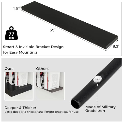 Venusmiles Floating Shelves for Wall, Engineered Wood Wall Shelves with Invisible Brackets for Living Room Bedroom Bathroom Office Kitchen Decor and Storage (Black, 55" W x 9" D x 1.5" H) Set of 1 - color: Cool Black, size: 55"W, Set of 1