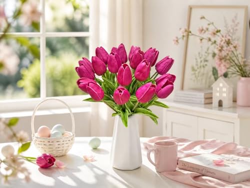 Mandy's Hot Pink Artificial Tulips Flowers Centerpiece, 13.5" Lifelike PU Fake Floral Stems 20pcs for Kitchen Island & Dining Table, Spring Decor for Easter - color: Hot Pink