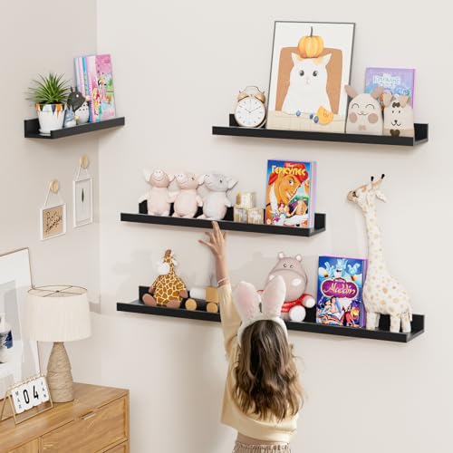Heimlove Picture Ledge Shelf,24 inch Long Floating Shelves for Wall Set of 4,Black Picture Shelf with Lip for Wall Decor,Living Room,Bedroom,Bookshelf,Nursery,Perfume - color: Black, size: 24'', Set of 4