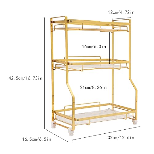 Makeup Organizer 3 Tier Bathroom Counter Organizers Cosmetic Storage Shelf for Dresser Decorative Wire Vanity Organizer Basket with Marbling Glass Tray itchen Spice Rack Standing Shelf - color: White