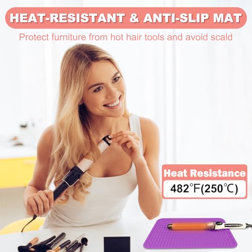 Oversize Silicone Heat Resistant Mat for Curling Irons, Flat Irons, Hair Straighteners and Hot Hair Styling Tools, Portable Wrap Pad Cover for Vanity, Travel, Salon(14.2" x 11.0") - color: Purple