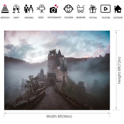 8x6ft Medieval Mysterious Castle Backdrop Gothic Misty Forest Magical Castle Photography Background Halloween Party Decorations Banner Adults Kids Portrait Photo Shoot Studio Props - color: Color C, size: 8x6ft