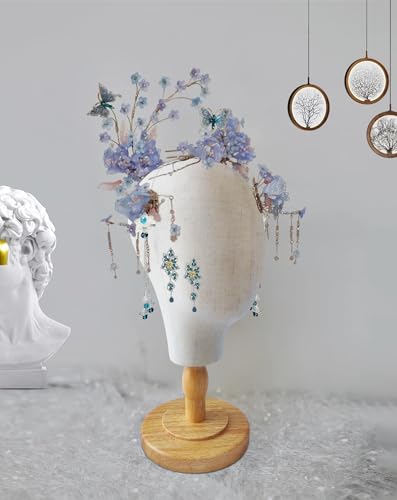 CHADWICK Canvas Wig Head Stand with Detachable Wood Stand - Great for Hats, Caps Display and Wig Making, 21Inch Mannequin Head Block, Dome Model Head, Helmet Jewelry Glasses Headband Display, Beige