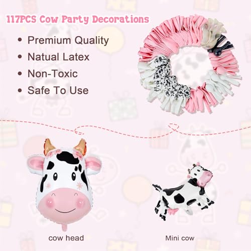 Amandir 115PCS Pink Cow Party Decorations - Balloon Garland Arch Kit with Cow Print Balloons, Happy Birthday Banner, Cake Topper for Girl Baby Shower, Farm Animals Themed Birthday Party Supplies