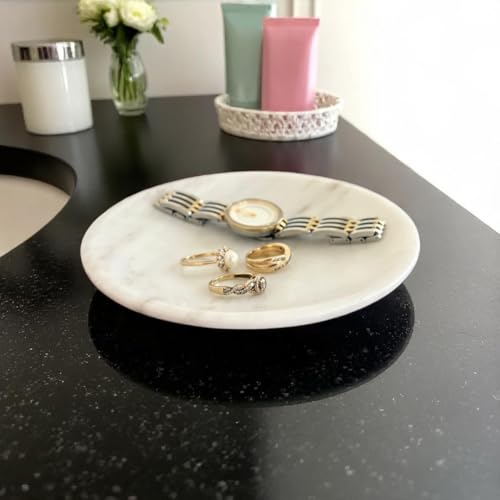 Tumbler Home Marble Jewelry Dish, Jewelry Trinket Dish for Rings Necklaces, Earrings, Accessories, Catchall Stone Tray Handmade Organizer for Vanity, Dresser, Bathroom Countertop Display, White-Round - color: White - Classic
