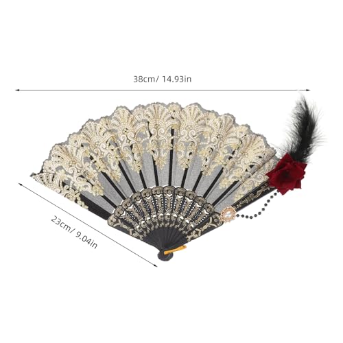 GALPADA Gold Plated Plume Folding Fan Vintage Style Handheld Fan with Black Rose Decor for Tea Party Photography Prop
