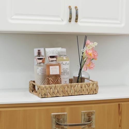 Bathroom Tray, 11 Inch Water Hyacinth Vanity Tray with Handle, Small Wicker Basket for Bathroom Toilet Tank Countertop, Wicker Bathroom Trays for Counter Decor - size: 11.1" x 7.1" x 2.2"