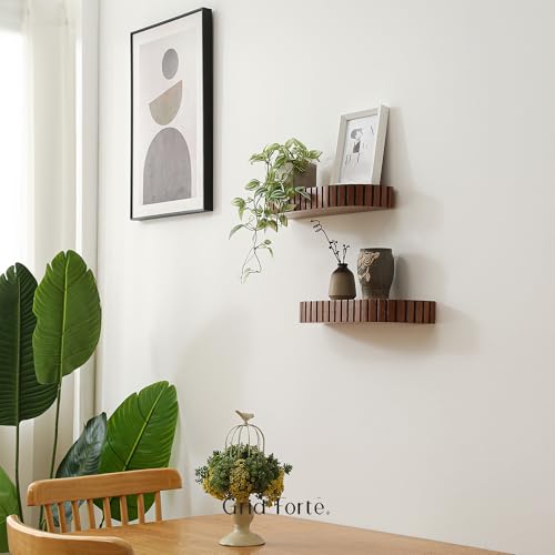GRID FORTE Wood Rounded Fluted Floating Shelf Set of 2, 16Wx5.5D Inch– Modern Display Shelf with Decorative Edge, Rustic Hanging Storage for Plants, Books, Photos & Home Décor