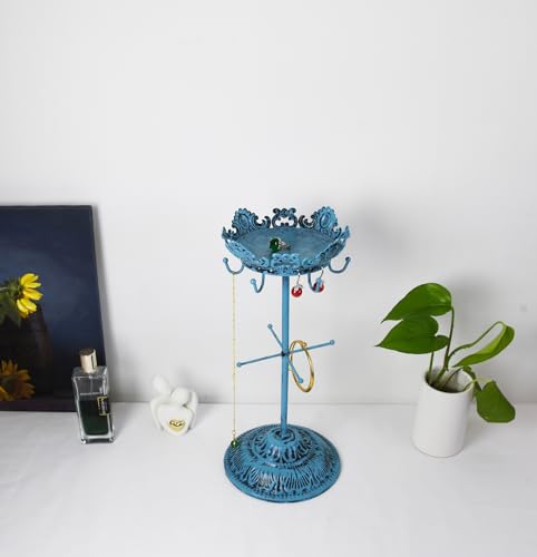 Vintage Crown Jewelry Tower Organizer - 13.1" Metal Jewelry Tree Stand, 6 Hooks, 12 Earring Holes & Bracelet Bars, Decorative Jewelry Display Holder for Necklaces, Earrings, Rings, Watches - Turquoise - color: Turquoise