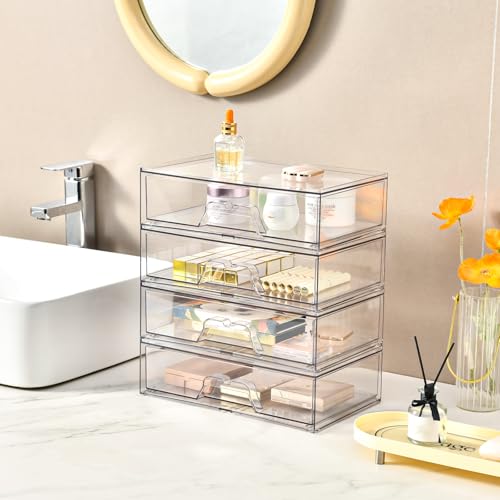 2 Pack Stackable Makeup Organizer, 12.1''L Acrylic Bathroom Organizer and Storage Undersink Drawer, Cosmetics and Beauty Supplies,Clear Plastic Storage Bins for Desk,Cabinet,Kitchen,Vanity,Pantry - style: 2pack Wide