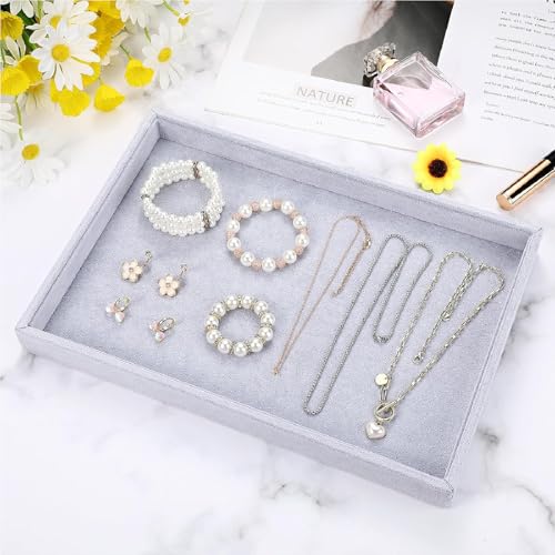 Quelay Velvet Stackable Jewelry Tray Showcase Display, Jewelry Organizer Tray Bracelet Ring Earring Necklace Organizer Empty Plate for Drawers Countertop (Grey,6 Pcs) - color: Grey
