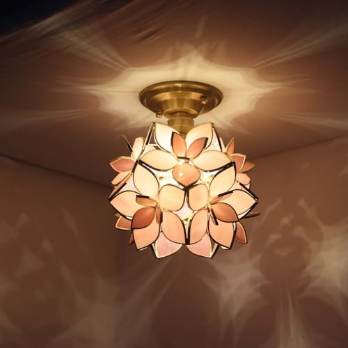 Bieye L10923 Flower Petals Tiffany Style Stained Glass Close to Ceiling Light for Home Decor (Pink, 8" Rose Lily) - color: Pink, size: 8" Rose Lily