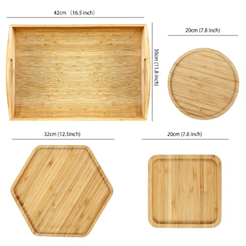 Bamboo Serving Trays Cutting Boards 16.5"x11.8"(42x30cm with Handle, Set Includes 0.63"(1.6cm) Thick Plates Hexagon 12.5"(32cm)+Square 7.8"(20cm)+Circle 7.8"(20cm) for Family Dinner Time - color: 0.63"(1.6cm) Thick 1xhexagon 12.5"(32cm)+1xsquare 7.8"(20cm