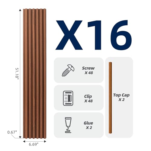 Art3dwallpanels 16 Pack Wood Slat Wall Paneling 51"×6.7" Sound Absorbing 3D Wall Panels for Living Room TV Background Home Office Decor, Teak - color: Teak, size: 51'' x 6.7'' , 16 Pack
